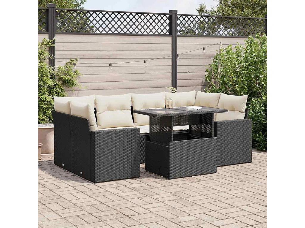 7-tlg. Garten-Sofagarnitur mit Kissen Schwarz Poly Rattan