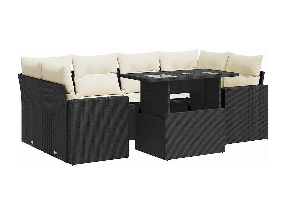 7-tlg. Garten-Sofagarnitur mit Kissen Schwarz Poly Rattan