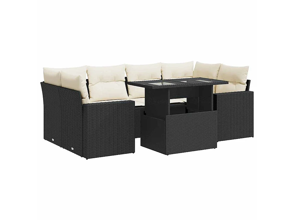 7-tlg. Garten-Sofagarnitur mit Kissen Schwarz Poly Rattan