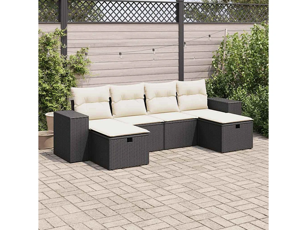 6-tlg. Garten-Sofagarnitur mit Kissen Schwarz Poly Rattan