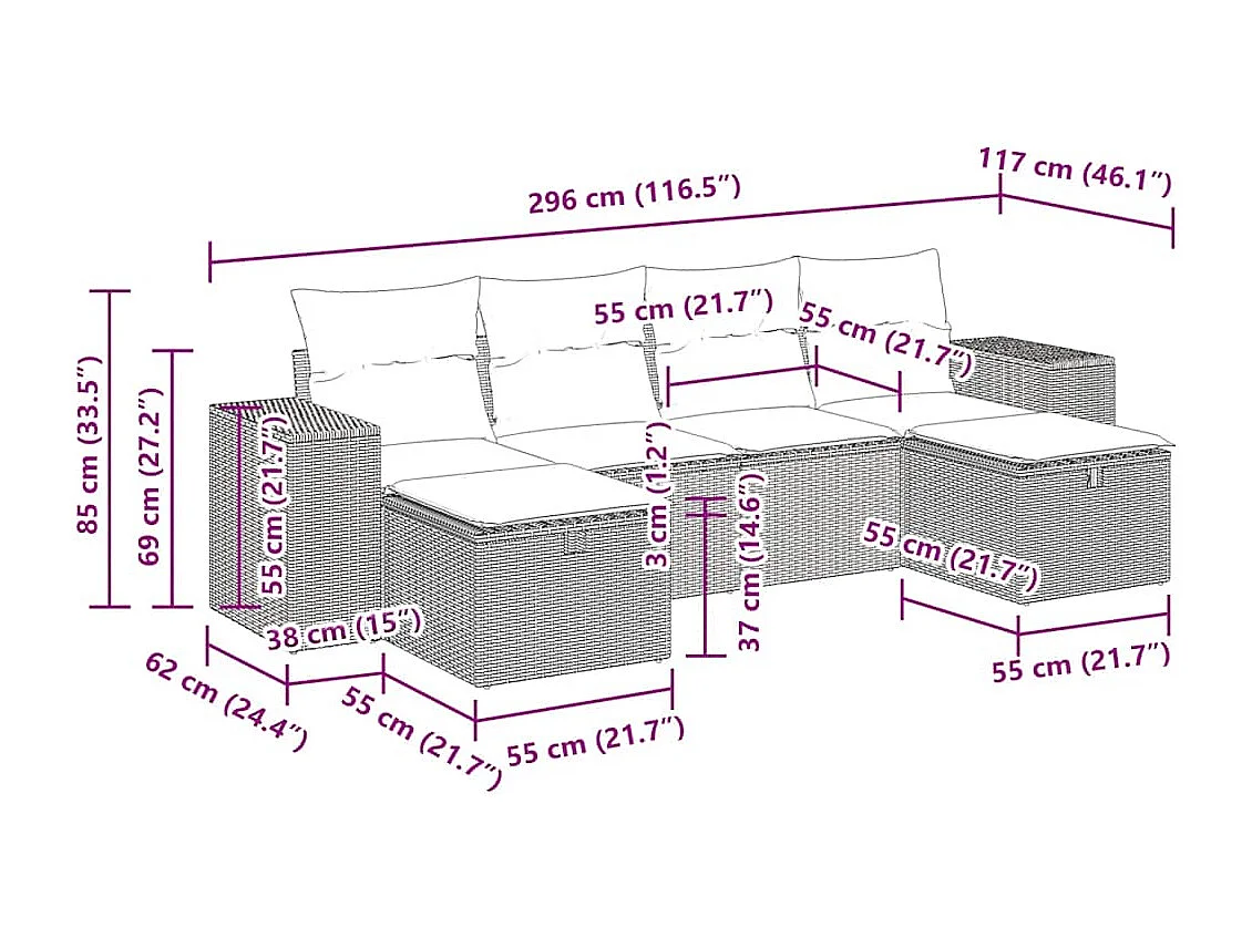 6-tlg. Garten-Sofagarnitur mit Kissen Schwarz Poly Rattan