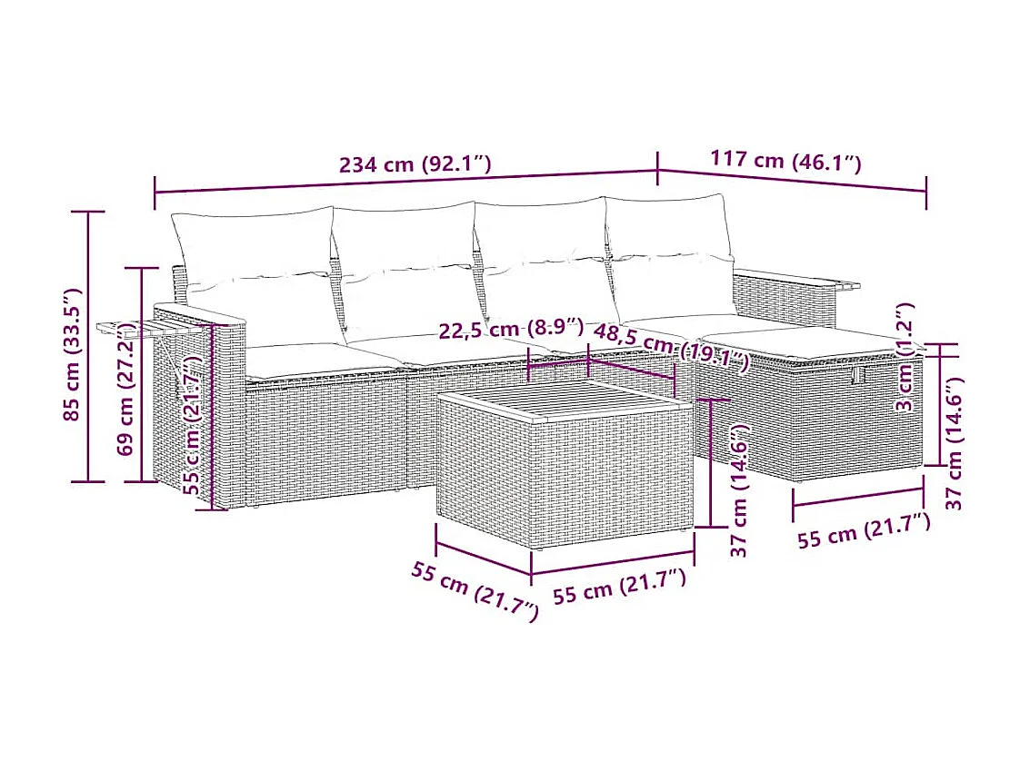 Salon de jardin avec coussins 6 pcs beige résine tressée
