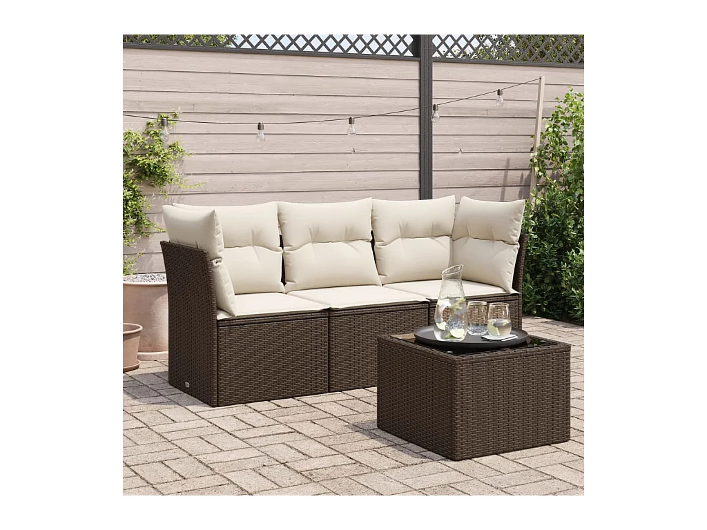 Salon de jardin 4 pcs avec coussins marron résine tressée
