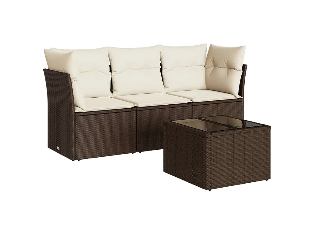 4 pcs conjunto sofás de jardim c/ almofadões vime PE castanho