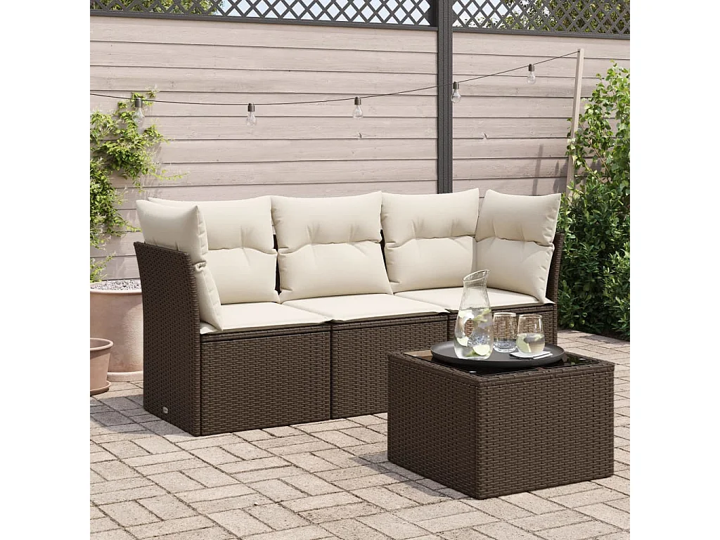 4 pcs conjunto sofás de jardim c/ almofadões vime PE castanho