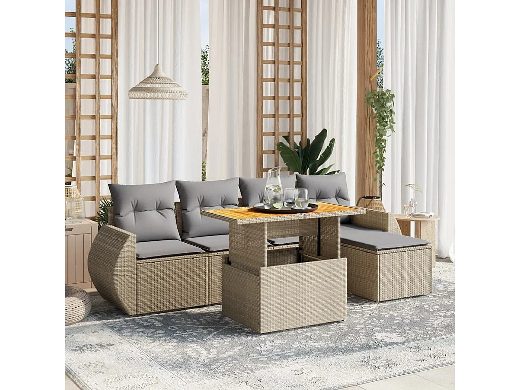 6-tlg. Garten-Sofagarnitur mit Kissen Beige Poly Rattan