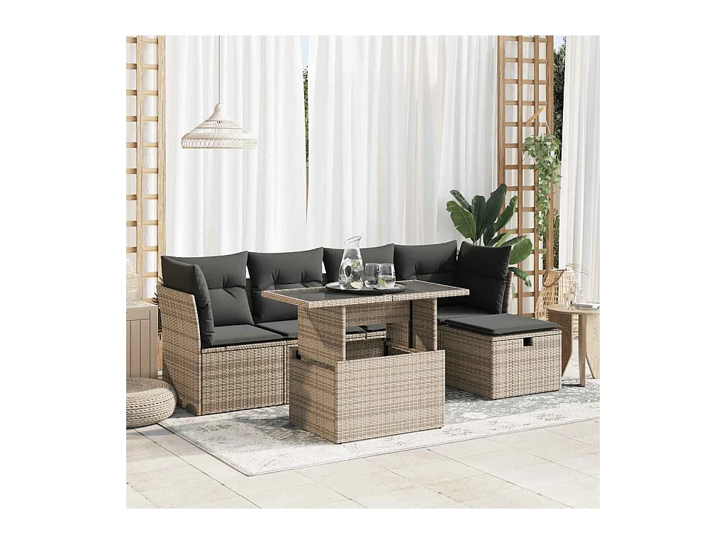 Salon de jardin 6 pcs avec coussins gris résine tressée