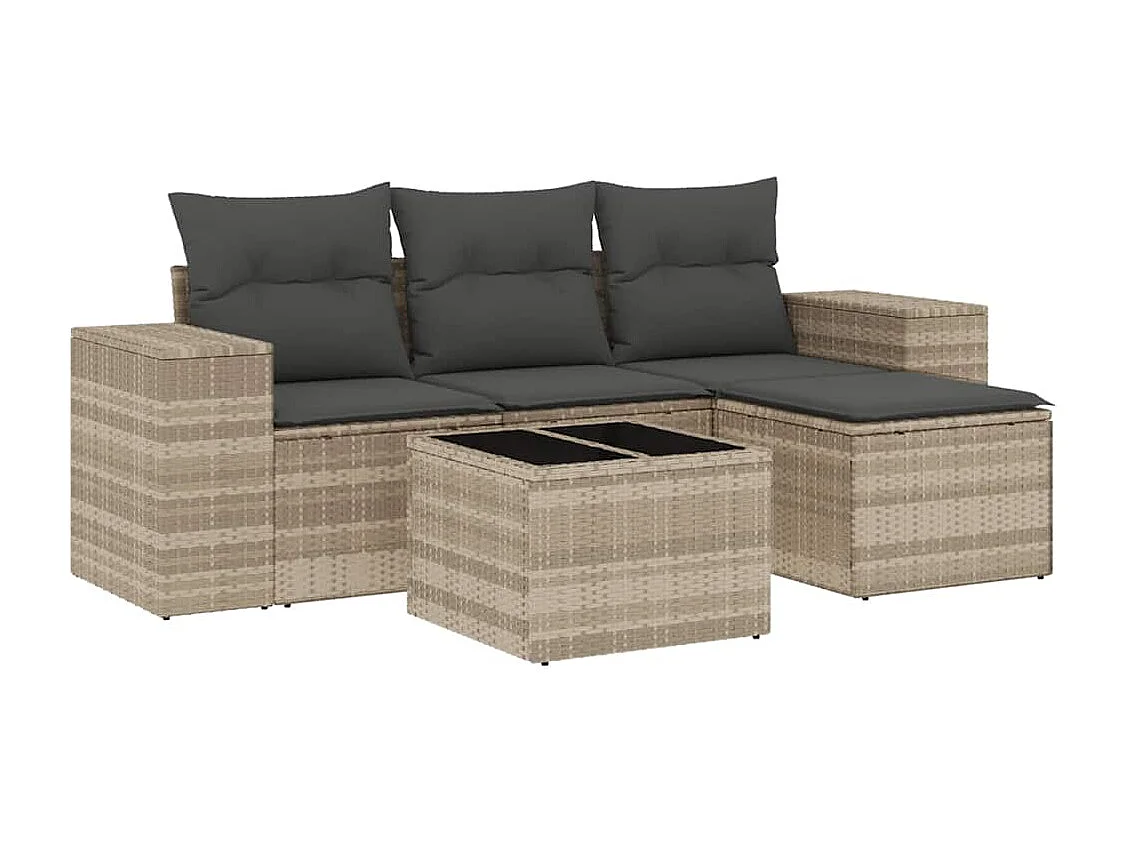Salon de jardin 5 pcs avec coussins gris clair résine tressée