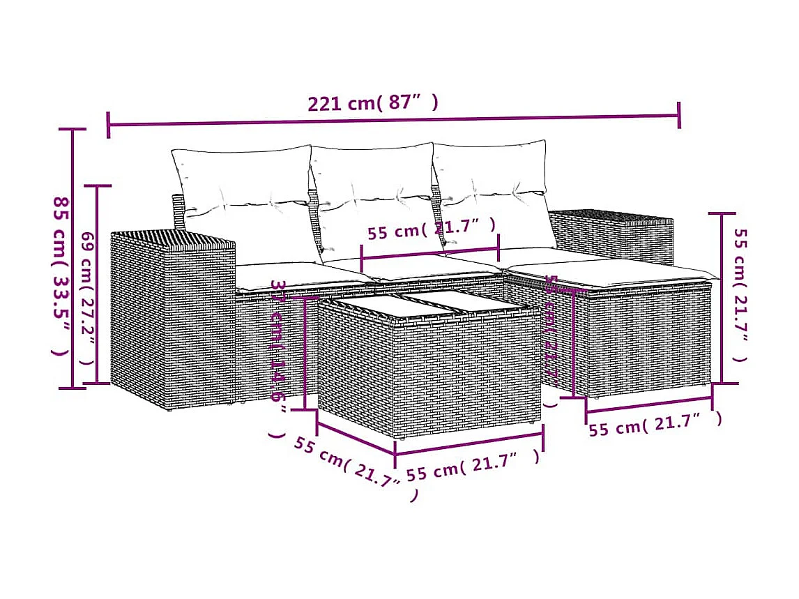 Salon de jardin 5 pcs avec coussins gris clair résine tressée