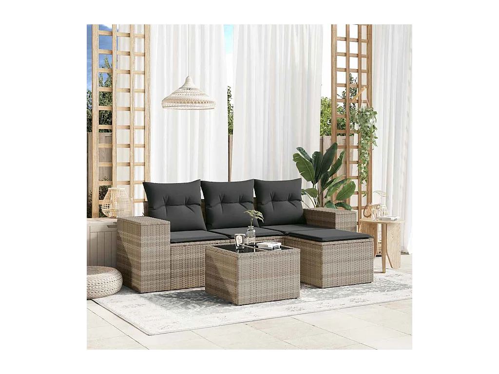 Salon de jardin 5 pcs avec coussins gris clair résine tressée
