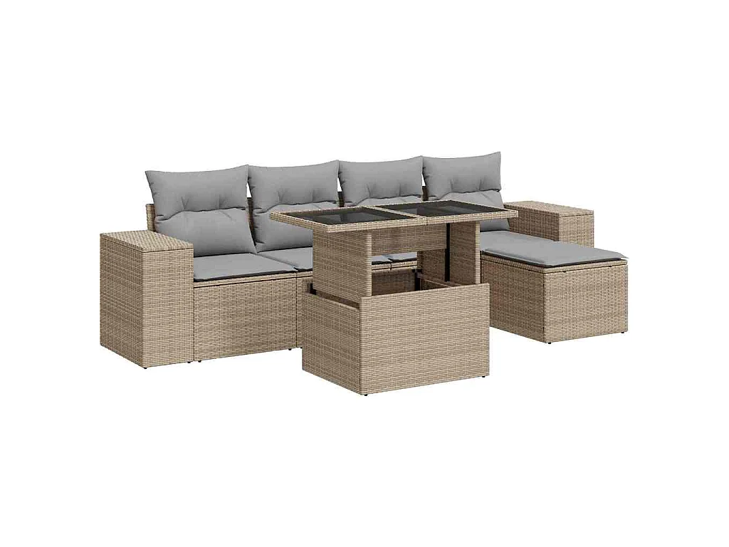 Set Divano da Giardino 6 pz con Cuscini Beige in Polyrattan