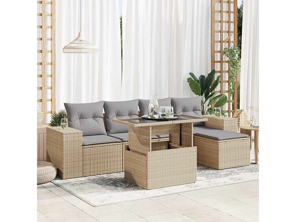 Set Divano da Giardino 6 pz con Cuscini Beige in Polyrattan