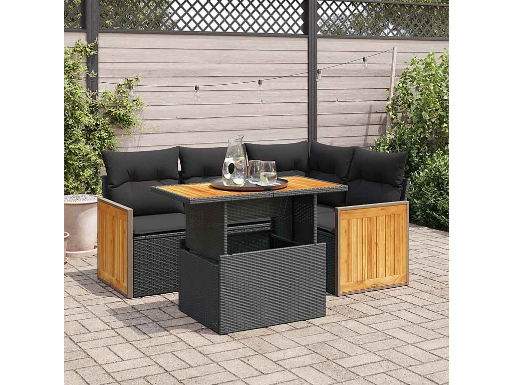 5tlg. Garten-Sofagarnitur mit Kissen Schwarz Poly Rattan Akazie