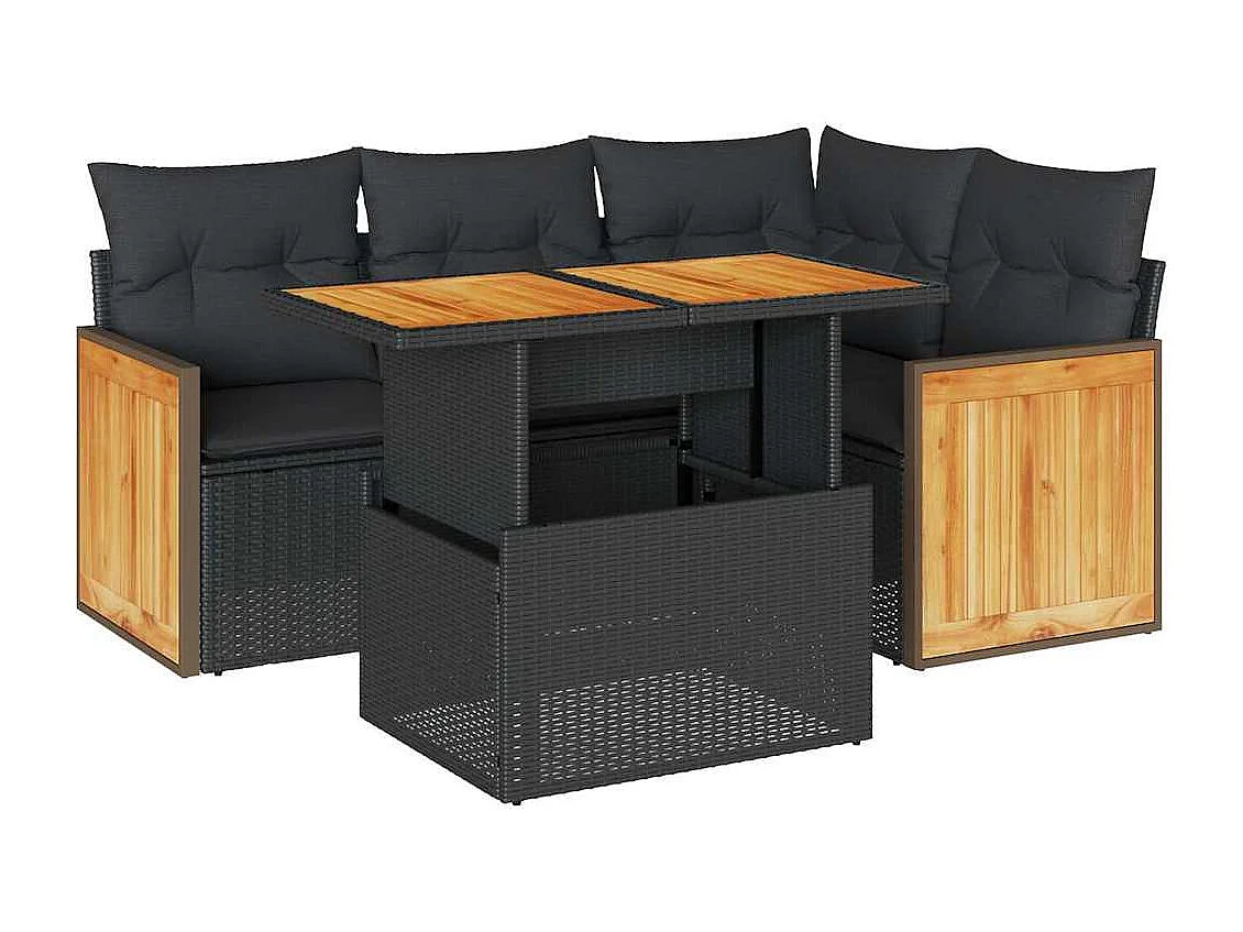 5tlg. Garten-Sofagarnitur mit Kissen Schwarz Poly Rattan Akazie
