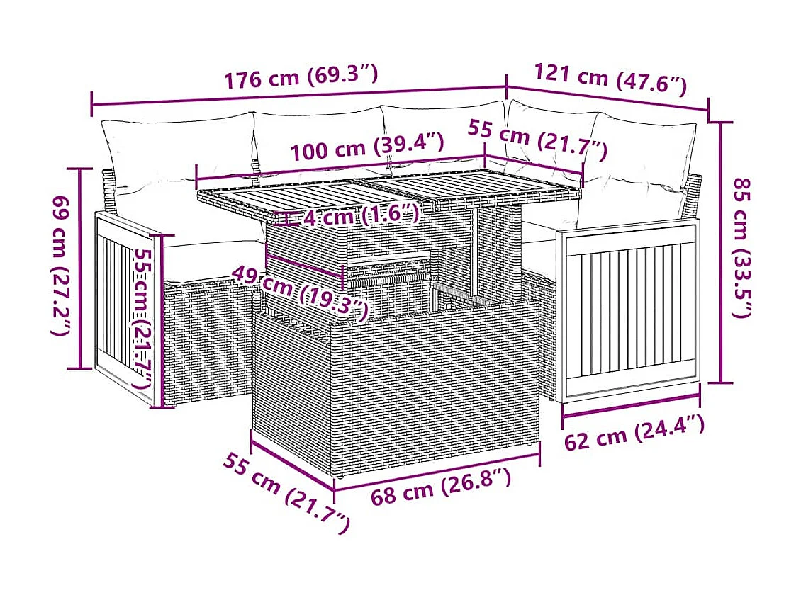 5tlg. Garten-Sofagarnitur mit Kissen Schwarz Poly Rattan Akazie