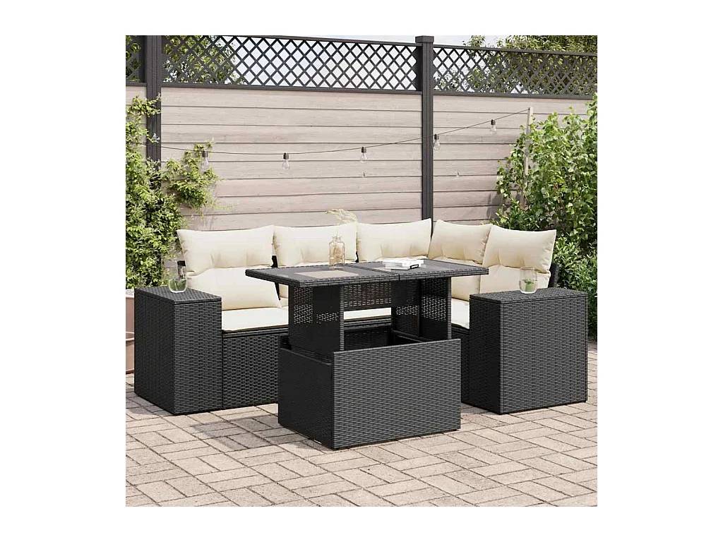 Salon de jardin 5 pcs avec coussins noir résine tressée