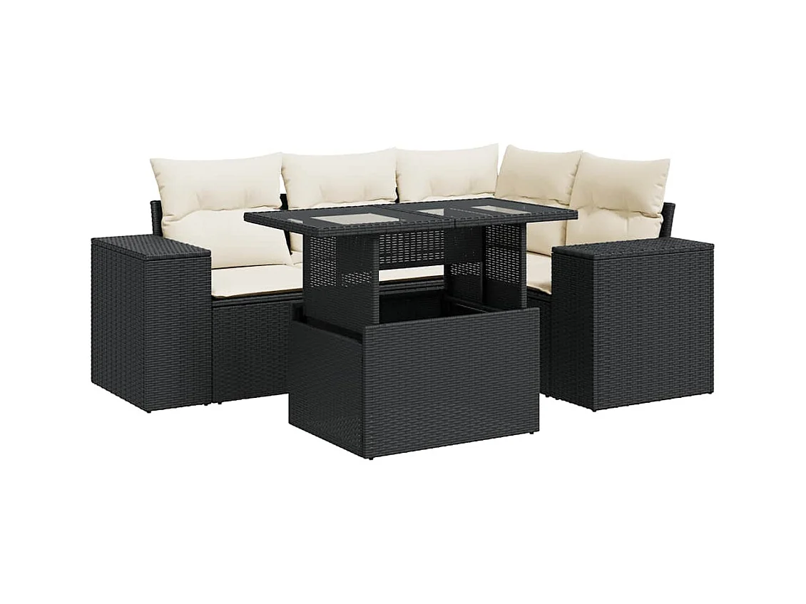5-tlg. Garten-Sofagarnitur mit Kissen Schwarz Poly Rattan