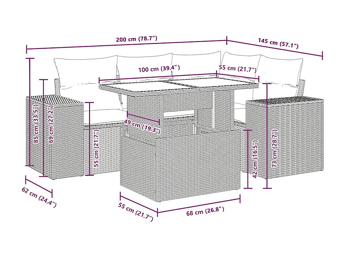 5-delige Loungeset met kussens poly rattan zwart