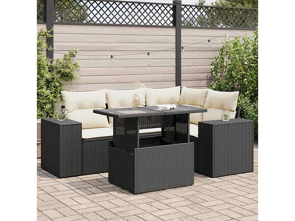 5 pcs conjunto sofás de jardim com almofadões vime PE preto