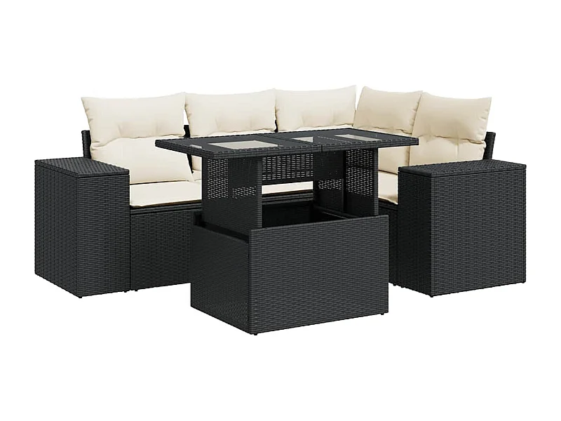 5 pcs conjunto sofás de jardim com almofadões vime PE preto
