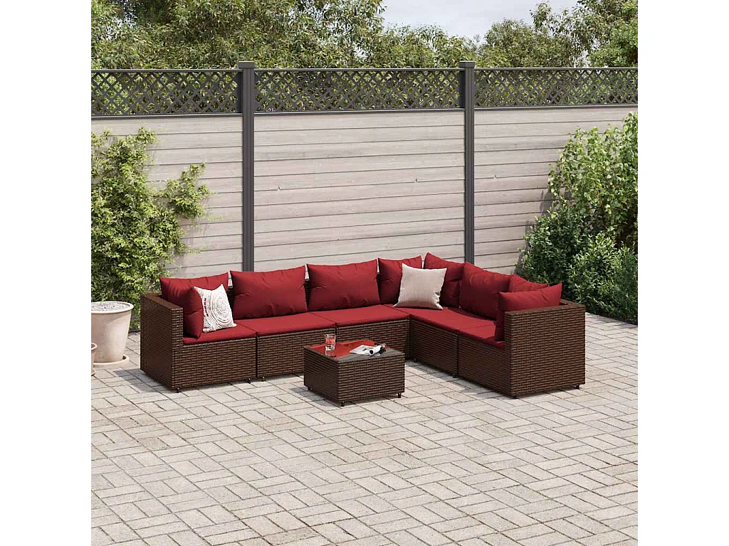 7-delige Loungeset met kussens poly rattan bruin