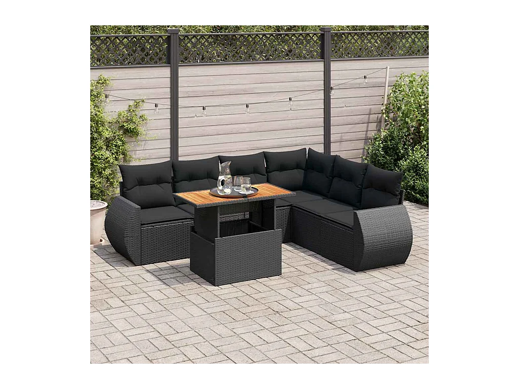7-delige Loungeset met kussens poly rattan zwart