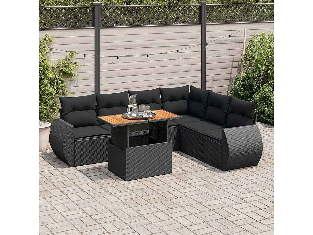 Salon de jardin 7 pcs avec coussins noir résine tressée