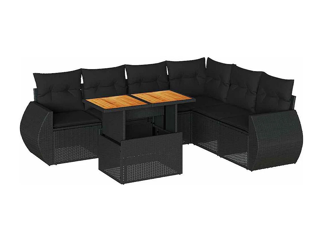Salon de jardin 7 pcs avec coussins noir résine tressée