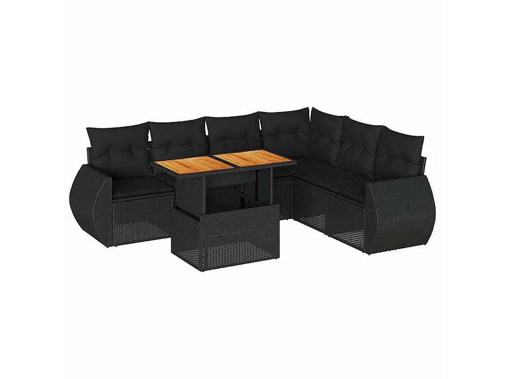 7-delige Loungeset met kussens poly rattan zwart