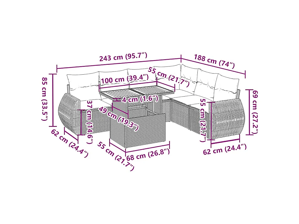 7-delige Loungeset met kussens poly rattan zwart