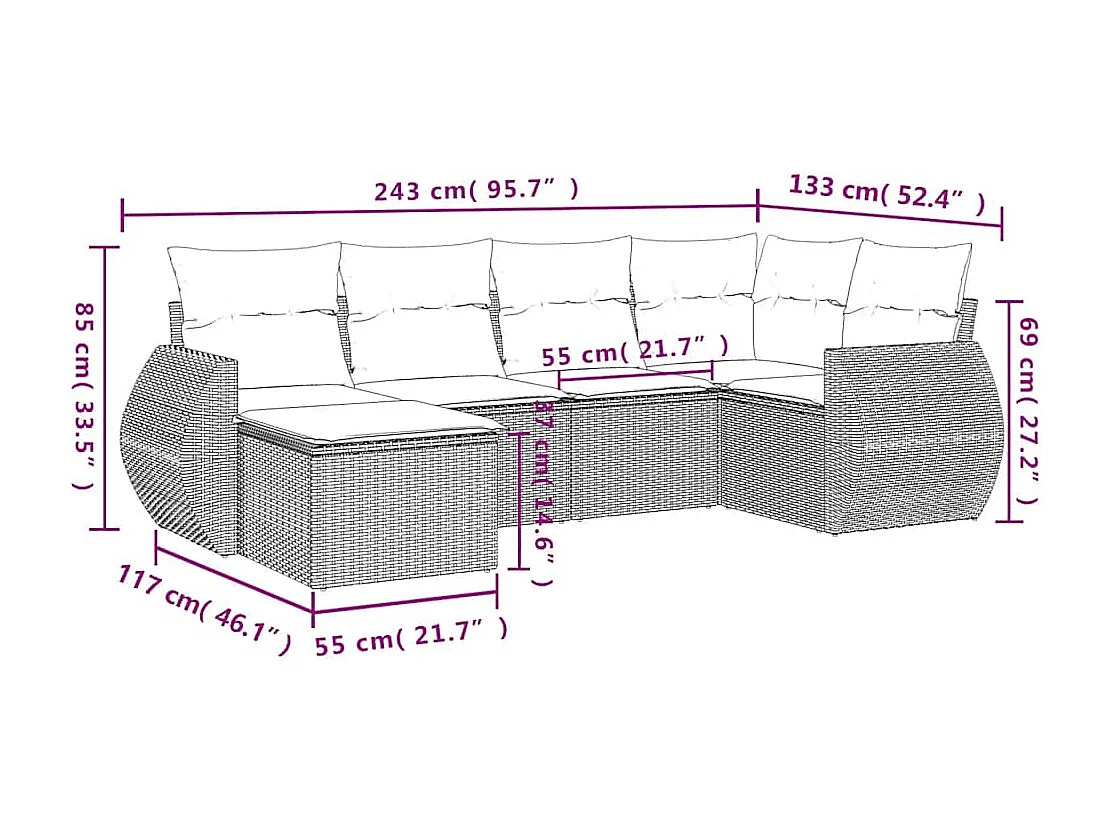 Salon de jardin 6 pcs avec coussins gris clair résine tressée