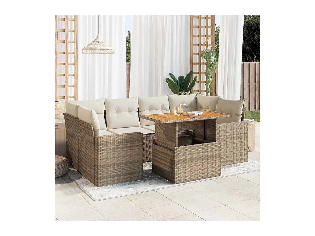 7-tlg. Garten-Sofagarnitur mit Kissen Beige Poly Rattan