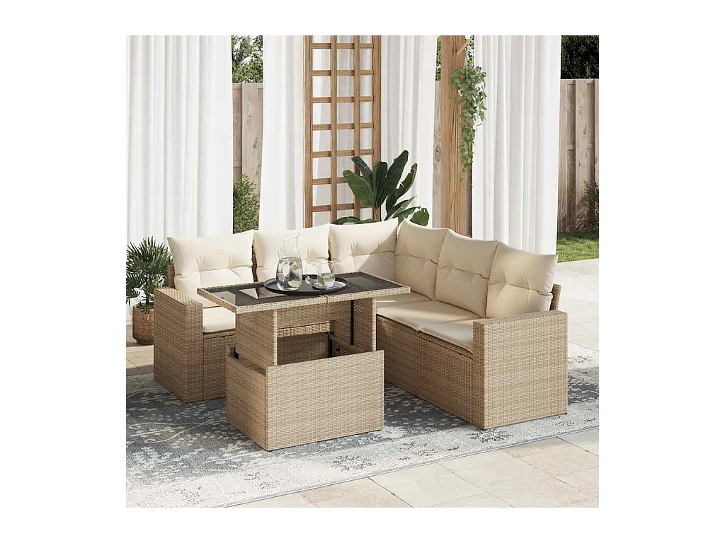 Salon de jardin avec coussins 6 pcs beige résine tressée