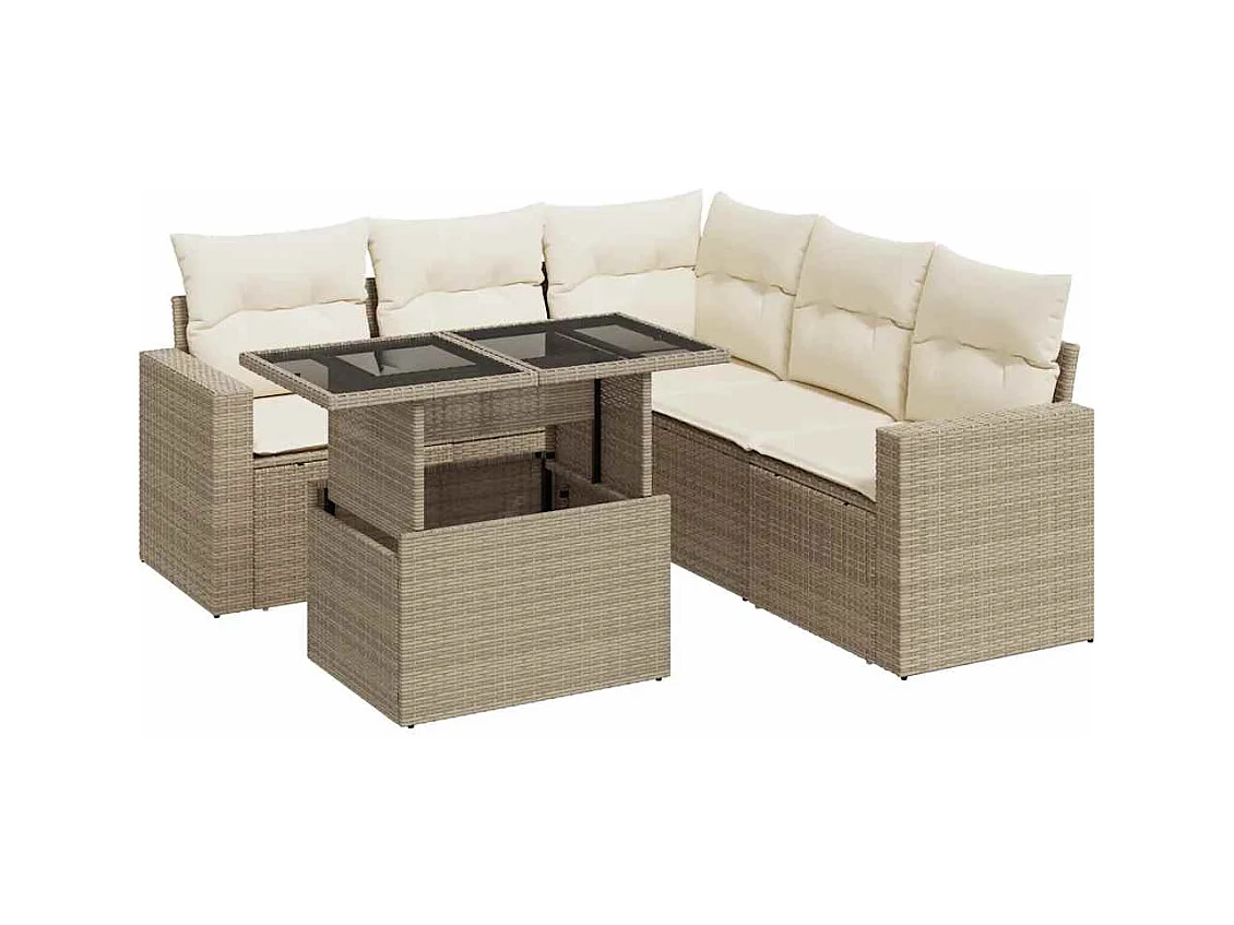 6-tlg. Garten-Sofagarnitur mit Kissen Beige Poly Rattan