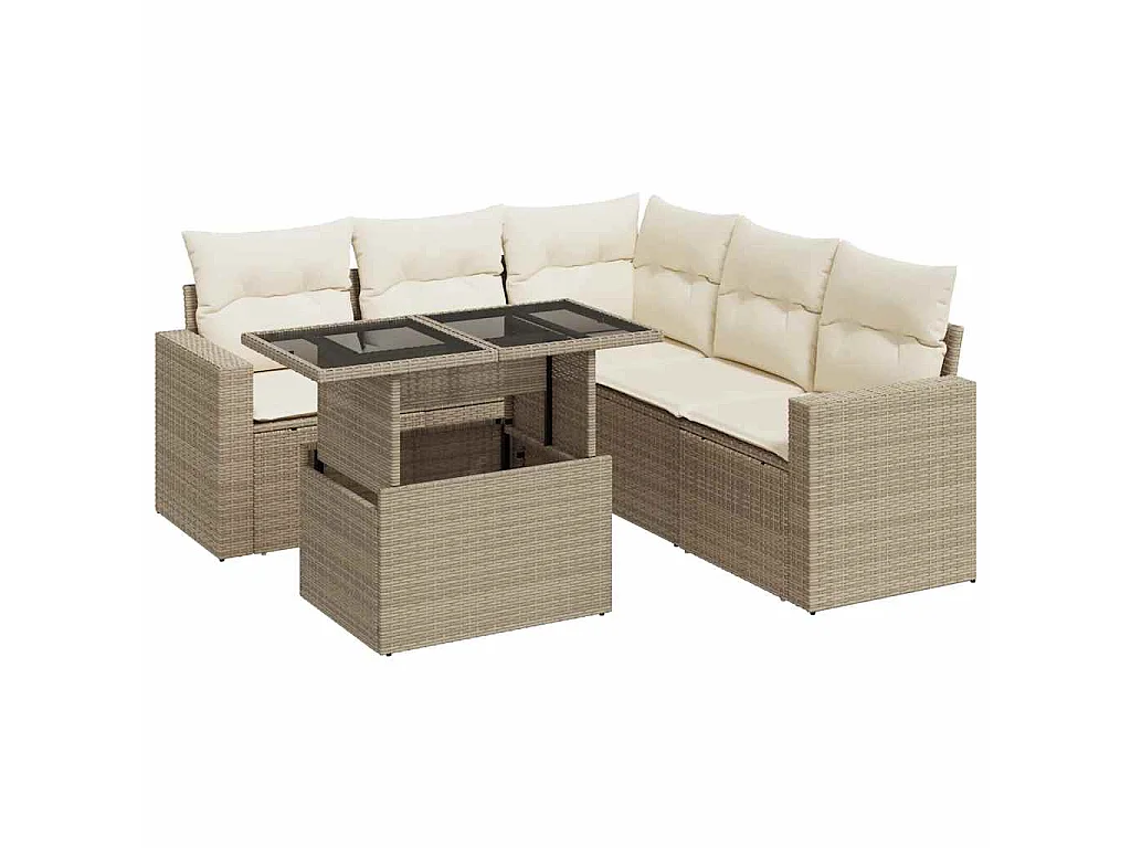 6-delige Loungeset met kussens poly rattan beige