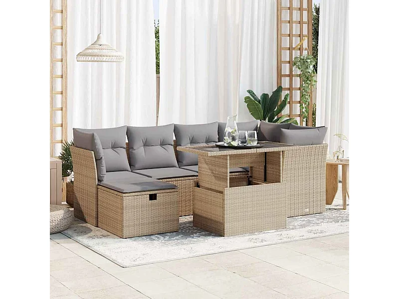 7-tlg. Garten-Sofagarnitur mit Kissen Beige Poly Rattan