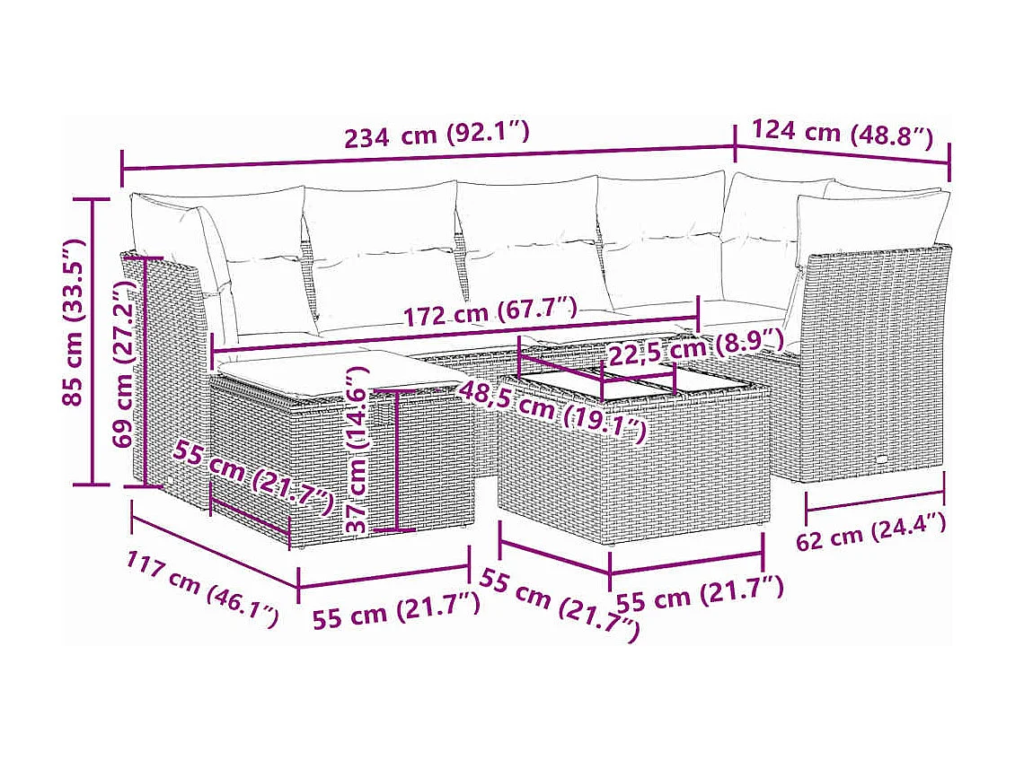 Set Divani da Giardino 7pz con Cuscini Grigio Chiaro Polyrattan