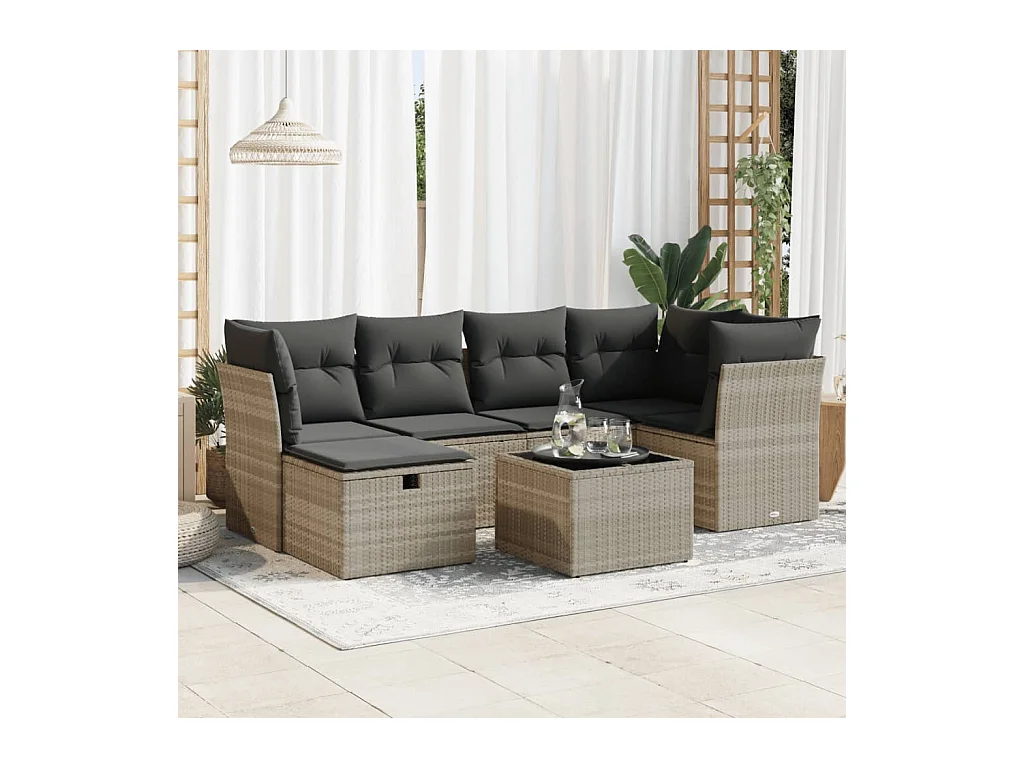 Salon de jardin avec coussins 7 pcs gris clair résine tressée