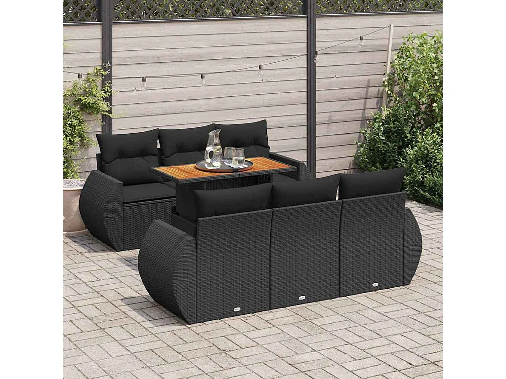 Salon de jardin 7 pcs avec coussins noir résine tressée