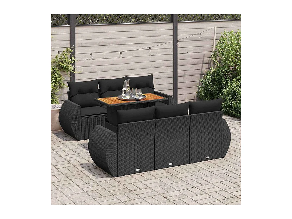 7-tlg. Garten-Sofagarnitur mit Kissen Schwarz Poly Rattan
