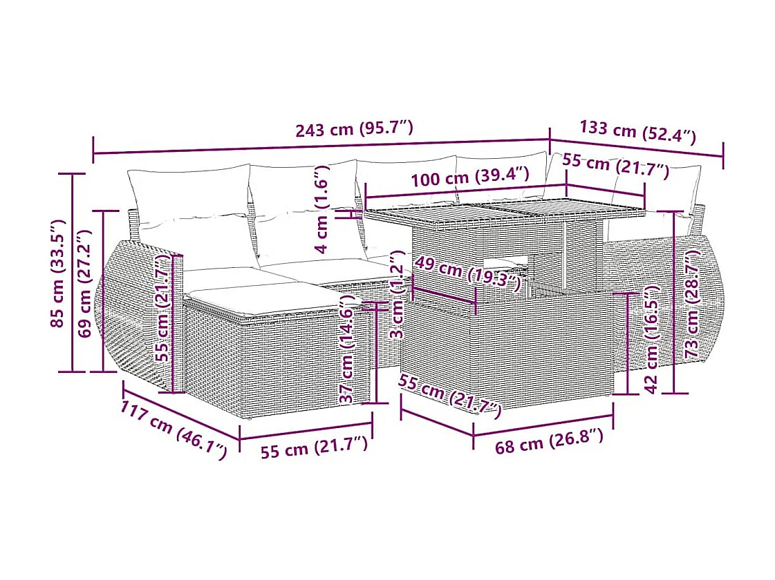 Salon de jardin avec coussins 7 pcs gris résine tressée
