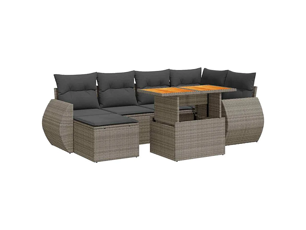 Salon de jardin avec coussins 7 pcs gris résine tressée