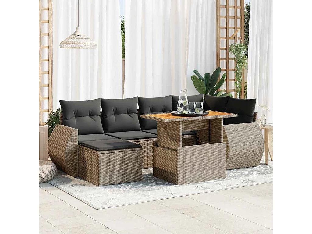 Salon de jardin avec coussins 7 pcs gris résine tressée