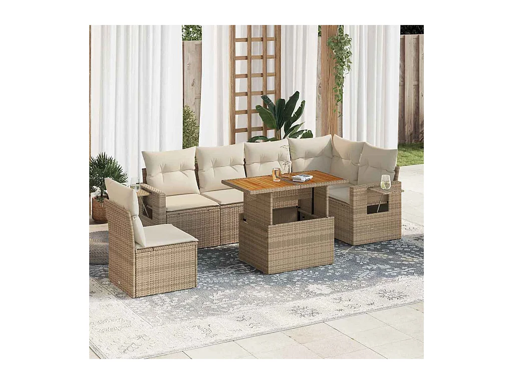 Salon de jardin avec coussins 7 pcs beige résine tressée