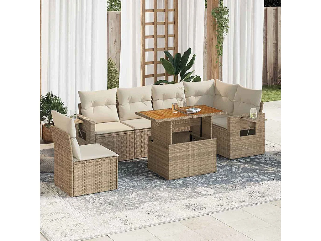 Salon de jardin avec coussins 7 pcs beige résine tressée