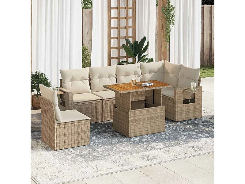 Set Divani da Giardino 7 pz con Cuscini Beige in Polyrattan