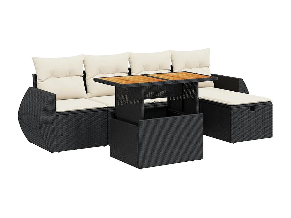 Salon de jardin 6 pcs avec coussins noir résine tressée acacia