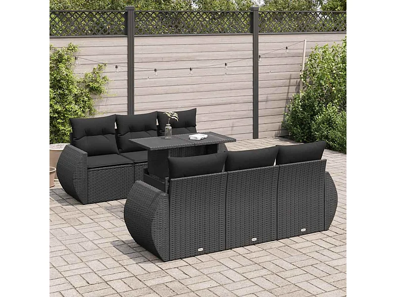 7-delige Loungeset met kussens poly rattan zwart