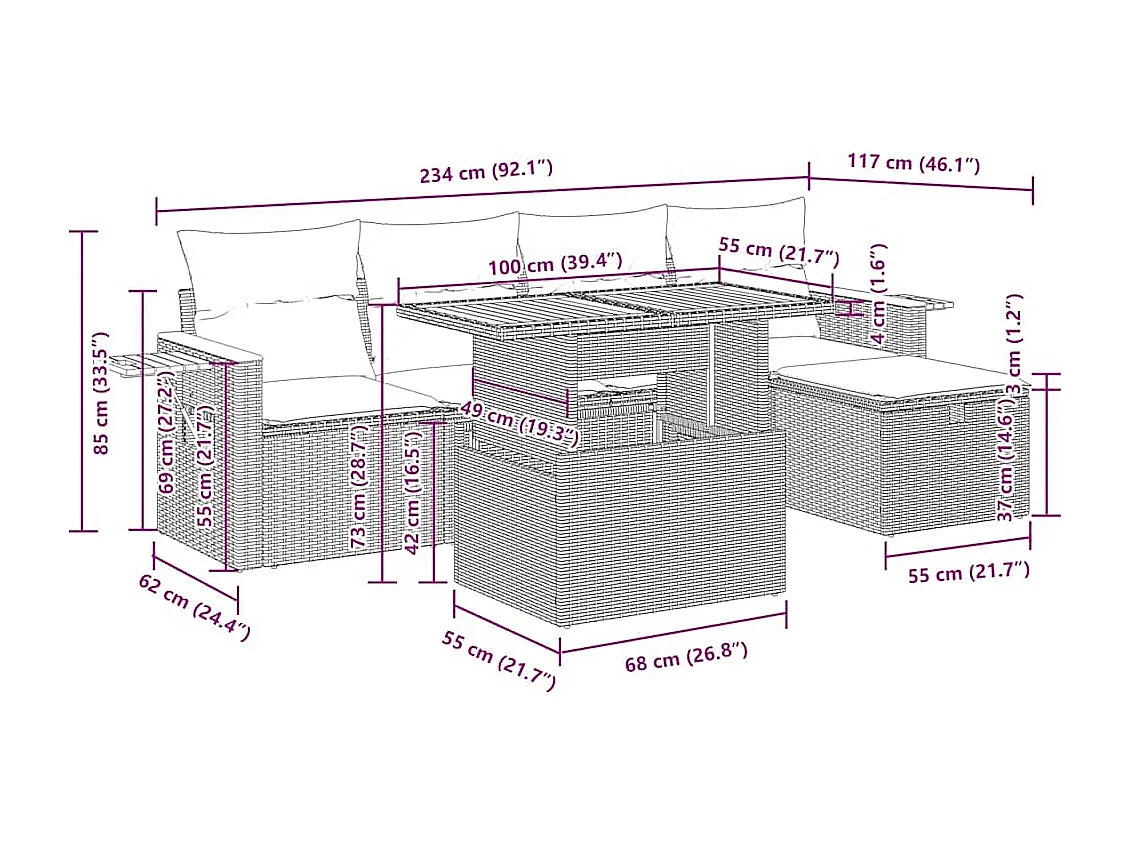 6-delige Loungeset met kussens poly rattan beige
