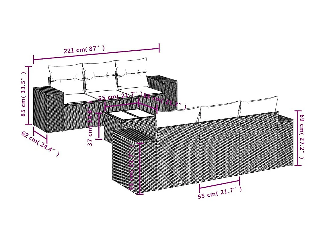 Salon de jardin avec coussins 7 pcs gris clair résine tressée